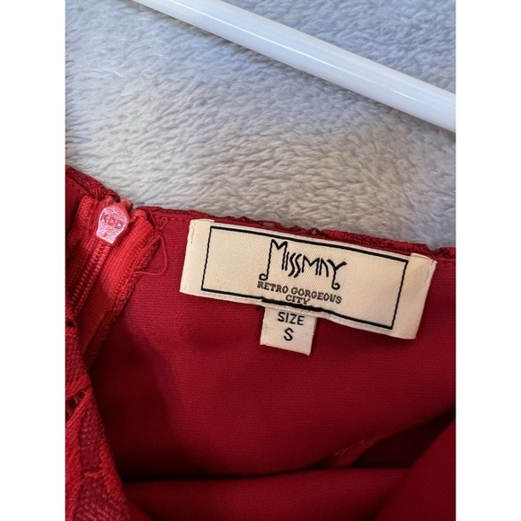 Missmay Retro Gorgeous City Lace Fit Flare Dress Burgundy 3/4 Sleeve V Neck - Picture 4 of 12